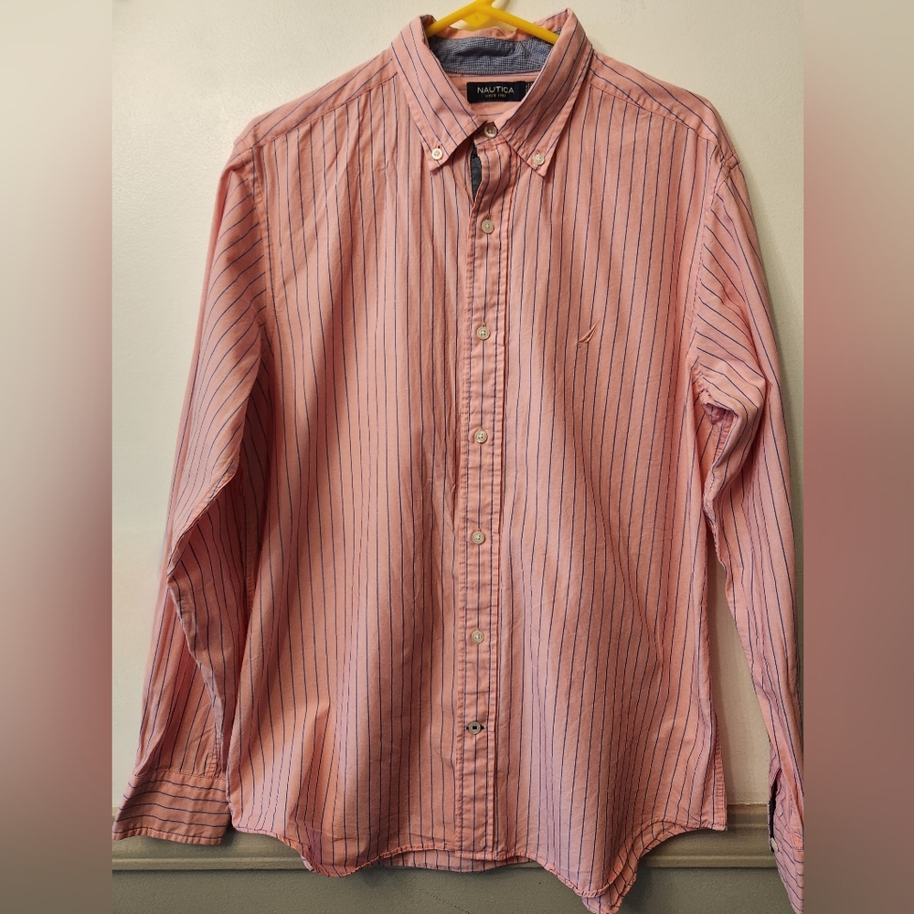 Nautica Pink/Salmon and Blue Striped Dress Shirt